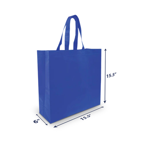 Blue heavy-duty non-woven shopping bag with long handles, 15.5 inches wide, 6 inches deep, 15.5 inches high, reusable and durable design