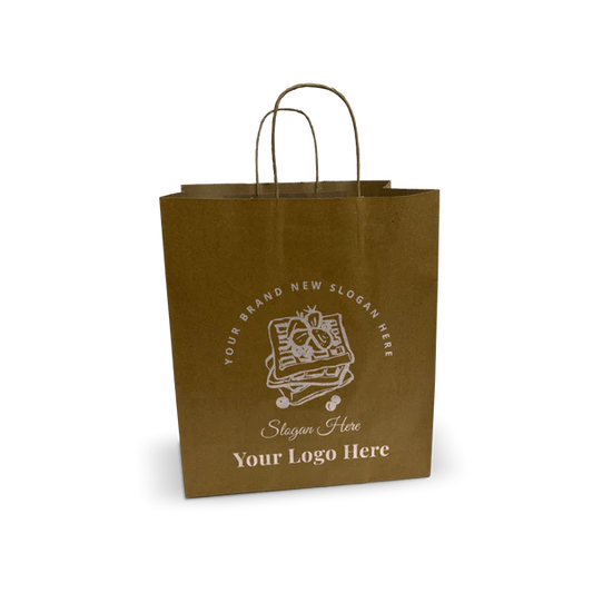 Brown paper bag, celebrity size 13 inches wide by 6 inches deep by 15 inches high, with twisted handles and custom logo imprint, 250 pieces per box.