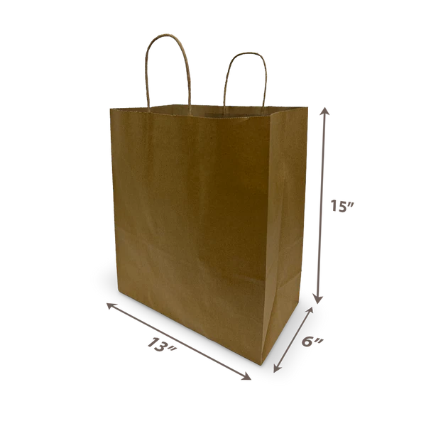Brown paper bag, celebrity size with dimensions 13 inches wide by 6 inches deep by 15 inches high, featuring twisted handles, 250 pieces per box.