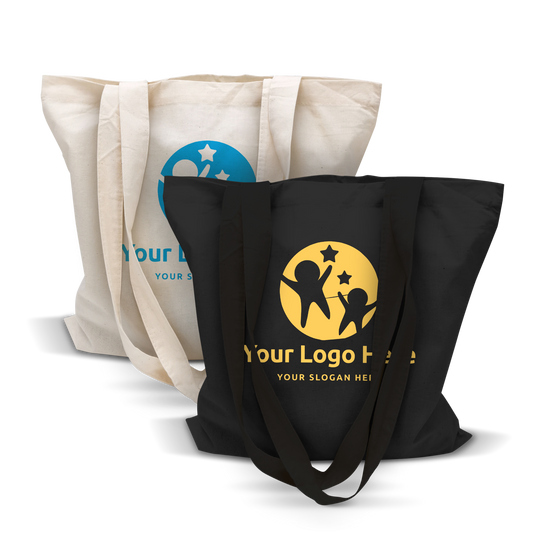 Budget canvas tote bags 5oz 15"W x 16"H in natural and black colors, featuring custom logo prints and long handles
