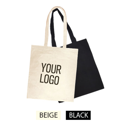 Budget canvas tote bags 5oz 15"W x 16"H in beige and black colors, shown with custom logo print option and long handles
