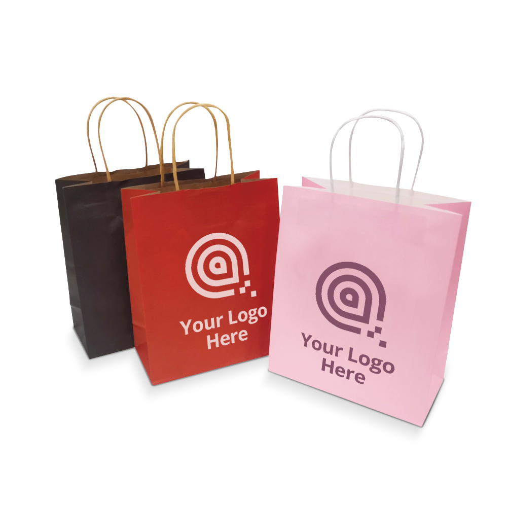 Bulk-coloured paper bags, size 8 inches by 4 inches by 10 inches, with twisted paper handles, are shown in black, red, and pink with custom logo imprint, 250 pieces per box.