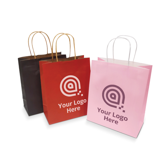 Bulk-coloured paper bags, size 8 inches by 4 inches by 10 inches, with twisted paper handles, are shown in black, red, and pink with custom logo imprint, 250 pieces per box.