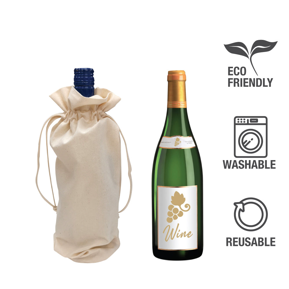 Eco-friendly reusable canvas drawstring bottle bag 5oz 6.5"W x 14.5"H shown with wine bottle inside, washable design
