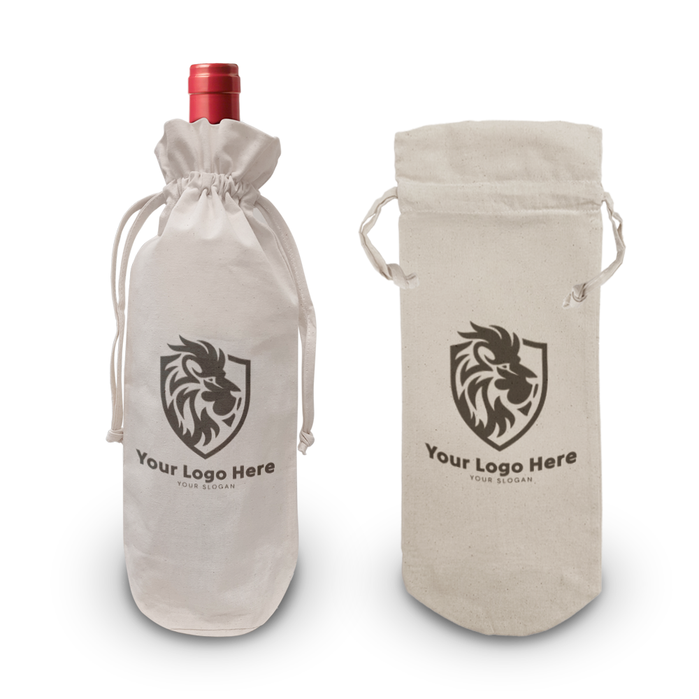 Canvas drawstring bottle bags 5oz 6.5"W x 14.5"H with custom logo print, shown with and without bottle inside