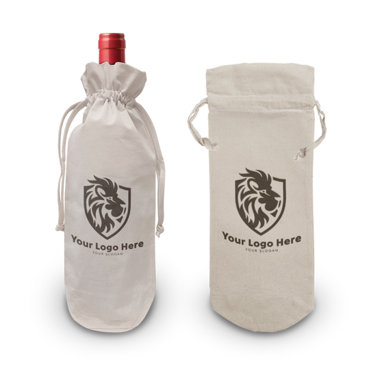 Canvas drawstring bottle bags 5oz 6.5"W x 14.5"H with custom logo print, shown with and without bottle inside