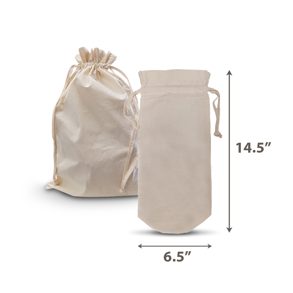 Blank canvas drawstring bottle bags 5oz 6.5"W x 14.5"H, shown front and side view without logo