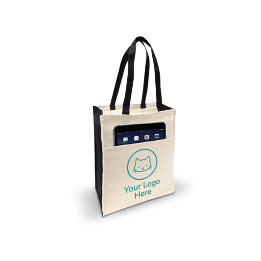 Canvas tote bag 8oz 12"W x 5"D x 14"H with black handles, front pocket holding a tablet, and custom logo print