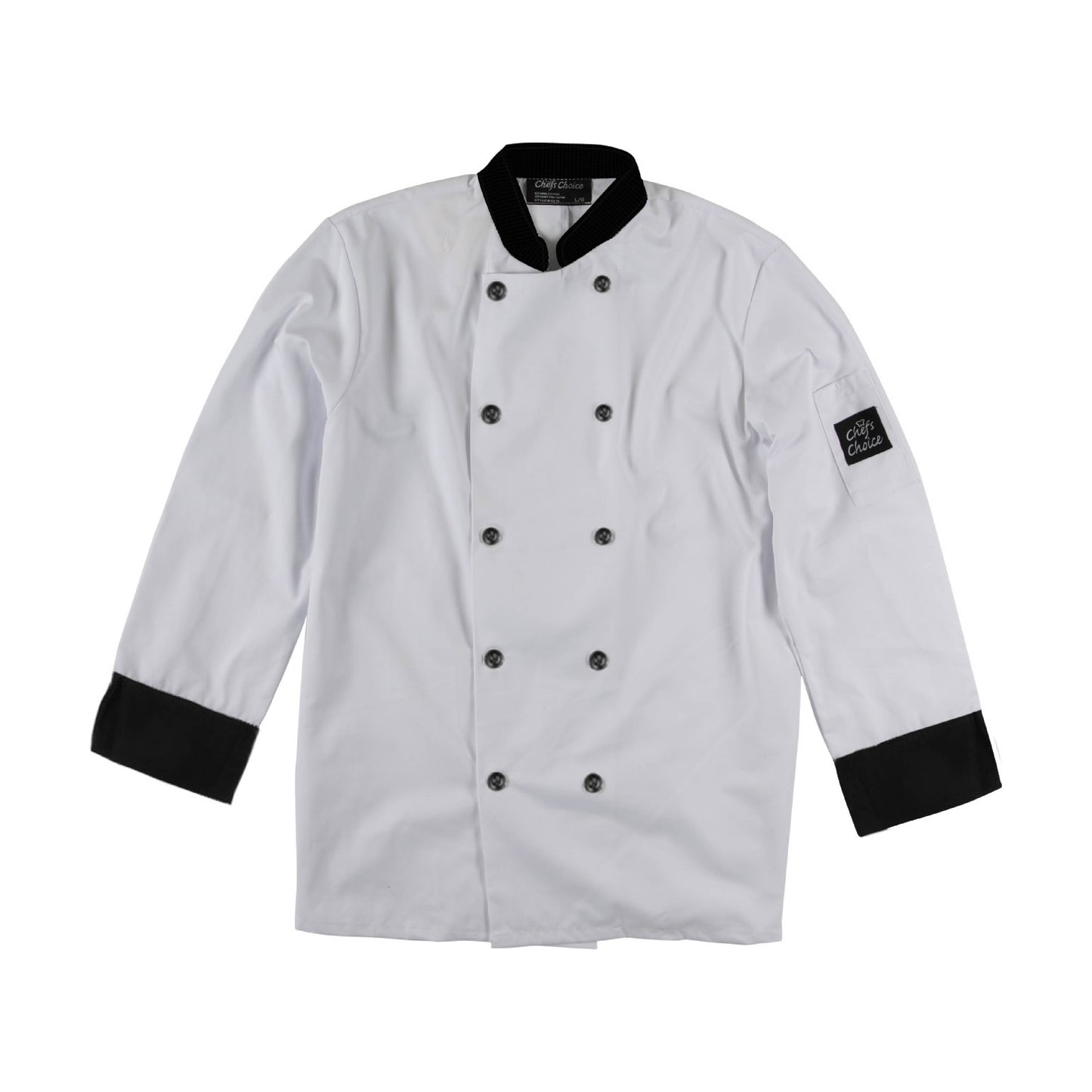 White chef coat with black contrast trim on collar and cuffs, featuring embroidered sleeve logo