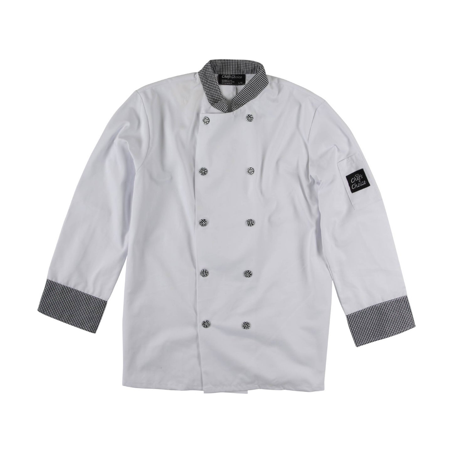 White chef coat with checkered contrast trim on collar and cuffs, featuring embroidered sleeve logo