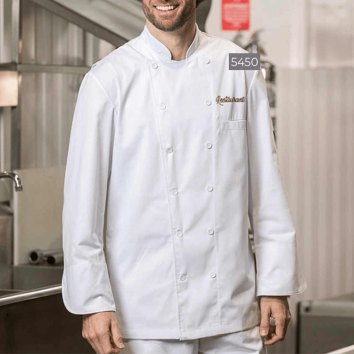 White chef coat with mesh yoke and embroidered logo on the chest