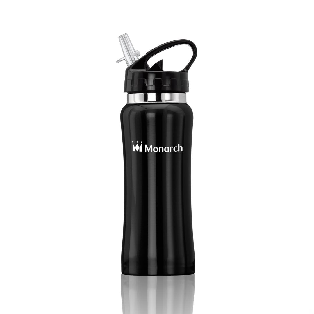 16oz black stainless steel clear spout sport water bottle with black lid and printed Monarch logo in white