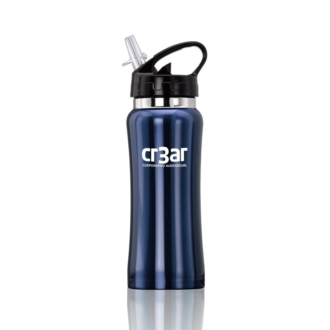 16oz blue stainless steel clear spout sport water bottle with black lid and printed cr3ar Corporativo Audiovisual logo in white