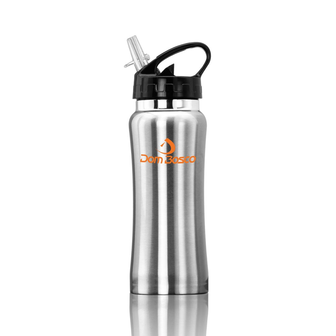 16oz stainless steel clear spout sport water bottle with black lid and printed Dom Bosco logo in orange