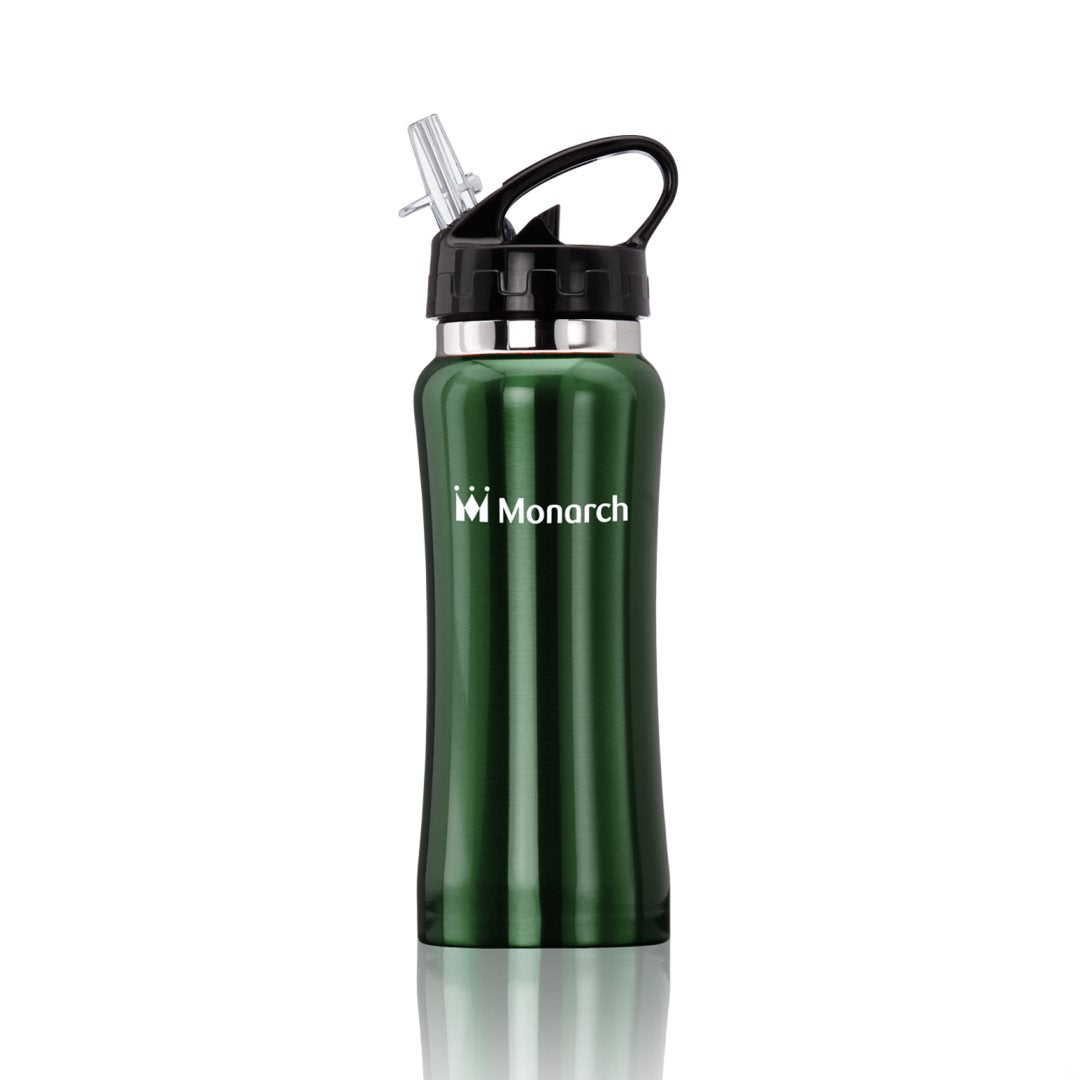 16oz green stainless steel clear spout sport water bottle with black lid and printed Monarch logo in white