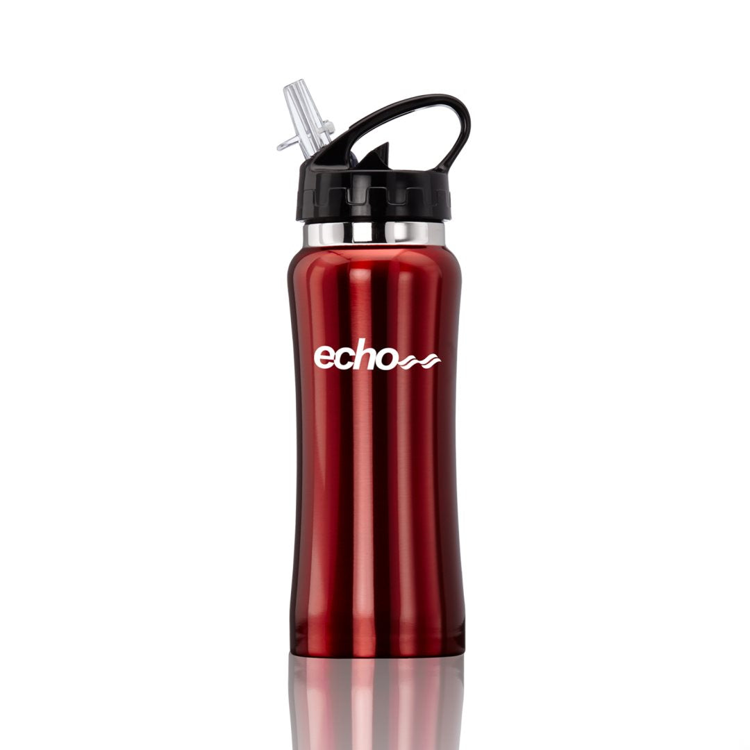16oz red stainless steel clear spout sport water bottle with black lid and printed Echo logo in white
