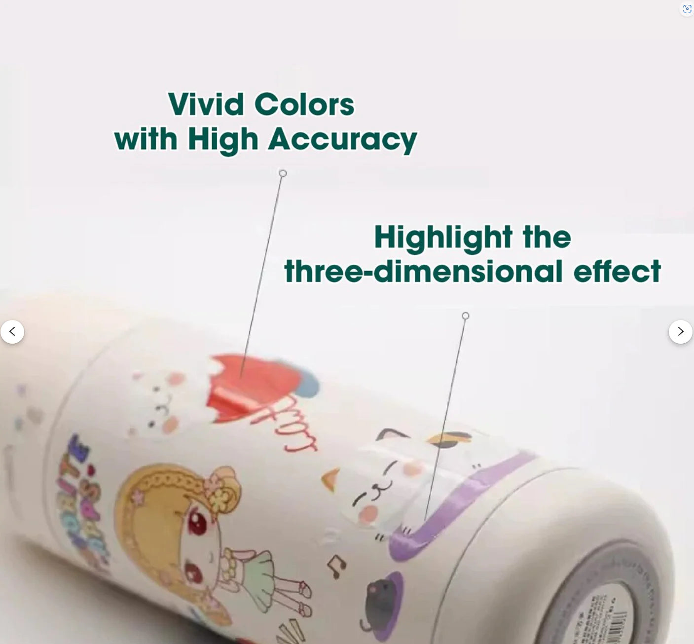 Custom UV DTF stickers applied on a water bottle, featuring vivid colors with high accuracy and a highlighted three-dimensional effect, showcasing detailed and vibrant designs