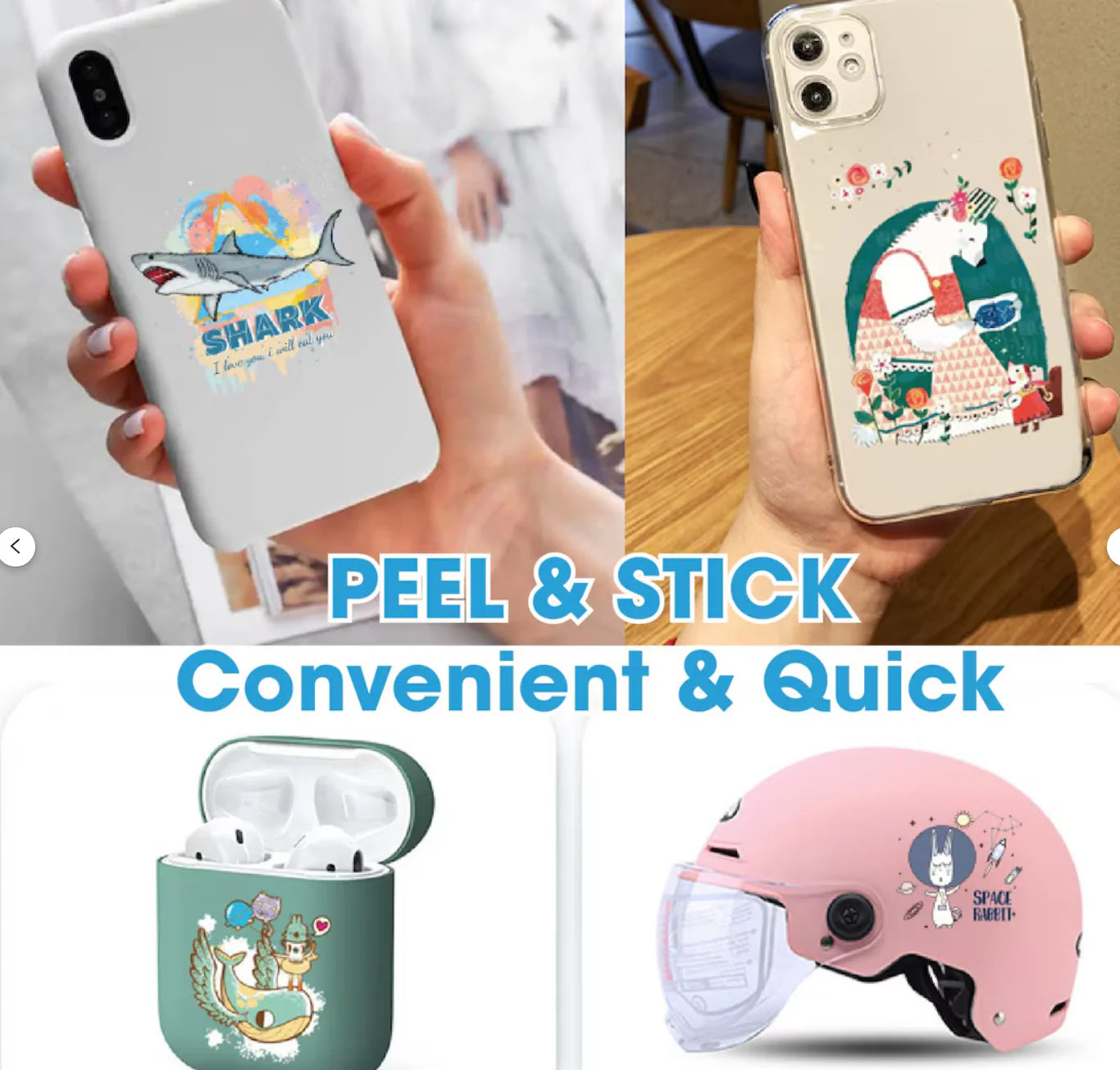 Custom UV DTF stickers applied on phone cases, AirPods case, and helmet with colorful designs, showing peel and stick convenience for fast decoration