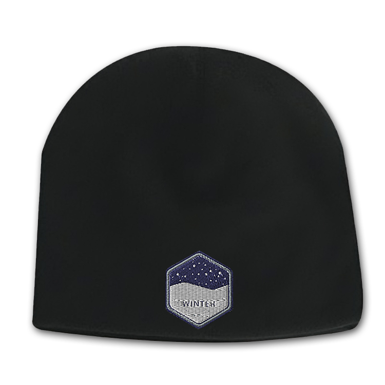 Black deluxe fleece beanie with embroidered winter badge logo on the front, transparent background