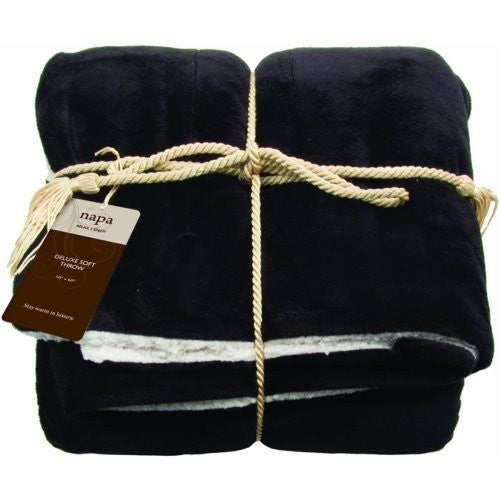 Black deluxe lambswool throw blanket with fleece lining, tied with rope and branded tag
