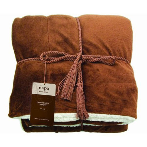 Brown deluxe lambswool throw blanket with fleece lining, tied with matching rope and branded tag