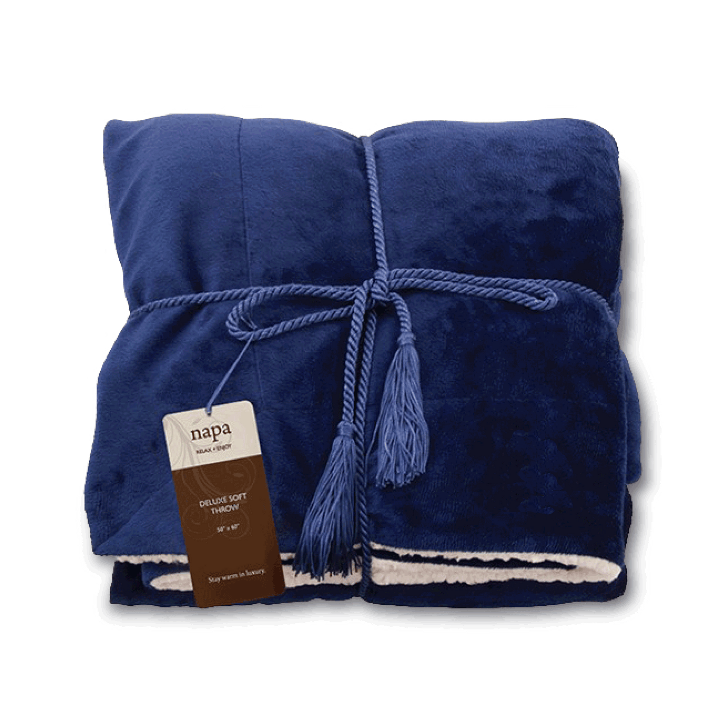 Deluxe navy lambswool throw blanket with rope tie and tag, isolated on transparent background
