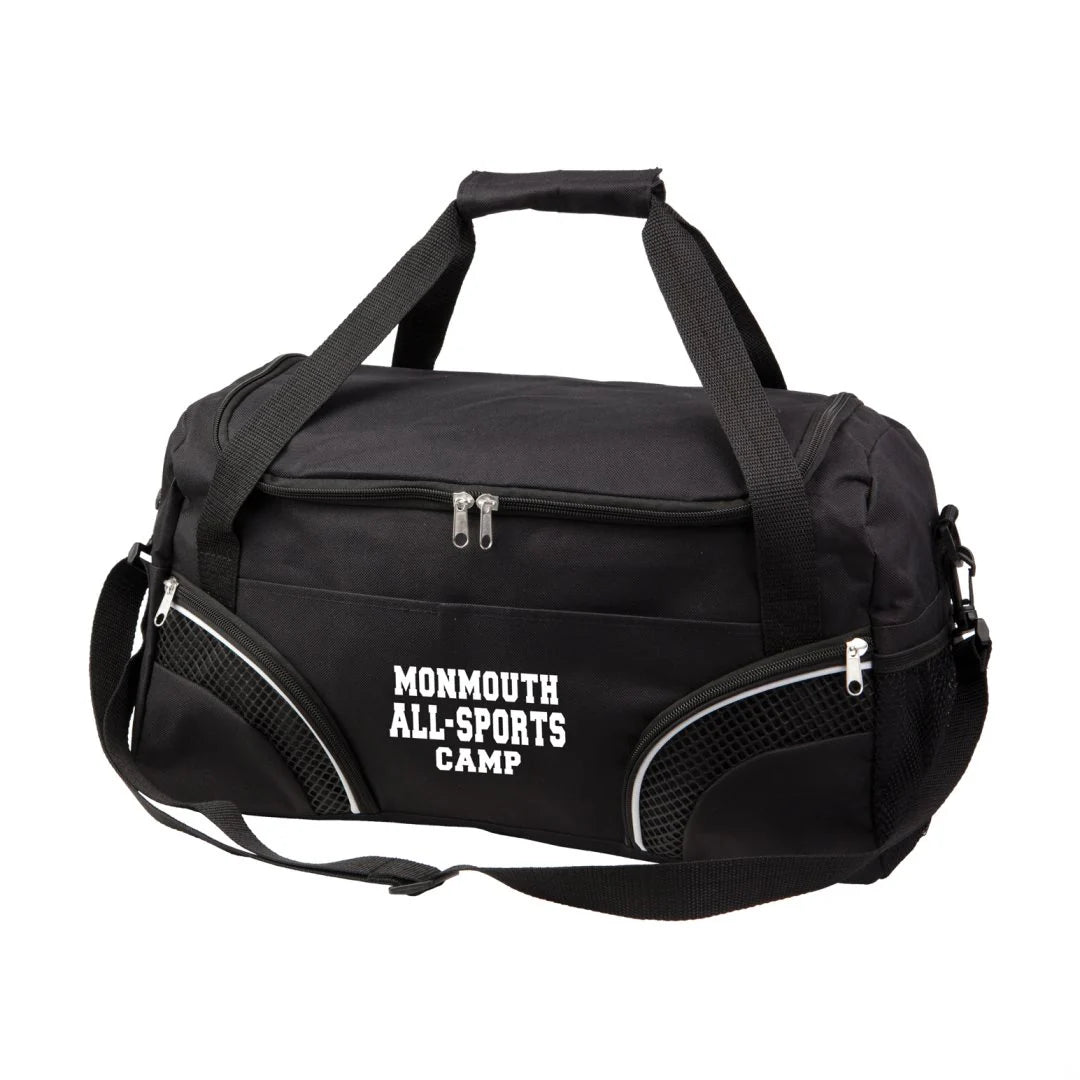 Everywhere duffel bag 19"W x 11"H x 8.5"D in black with two zippered corner pockets, mesh panels, and custom Monmouth All-Sports Camp logo