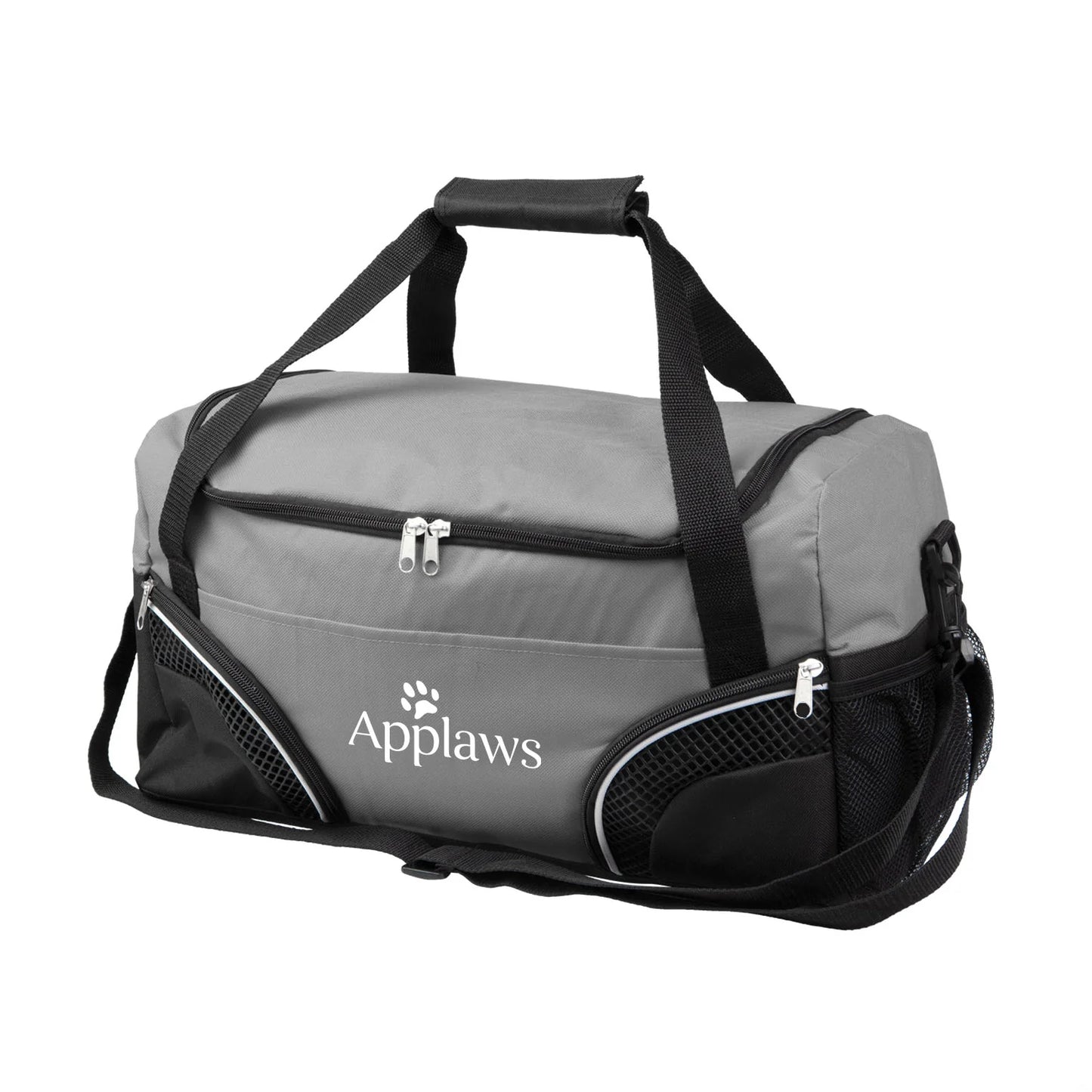 Everywhere duffel bag 19"W x 11"H x 8.5"D in grey with black accents, two zippered corner pockets, mesh panels, and custom Applaws logo