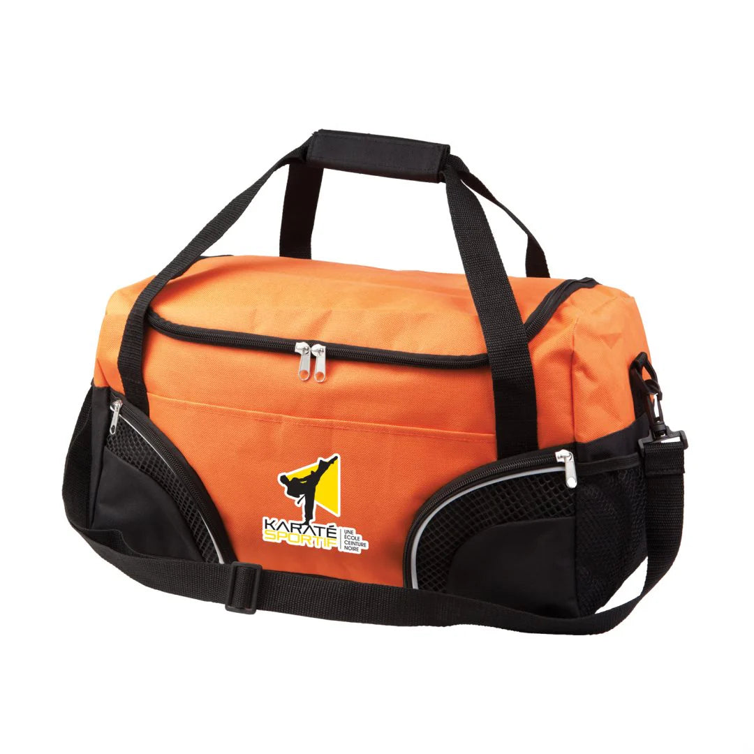 Everywhere duffel bag 19"W x 11"H x 8.5"D in orange with black trim, two corner zippered pockets, mesh panels, and custom Karate Sportif logo