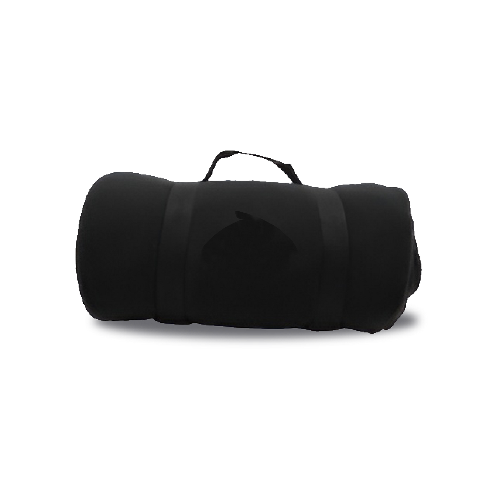 Black fleece travel blanket rolled and secured with a matching black carry strap, perfect for outdoor use and promotional branding