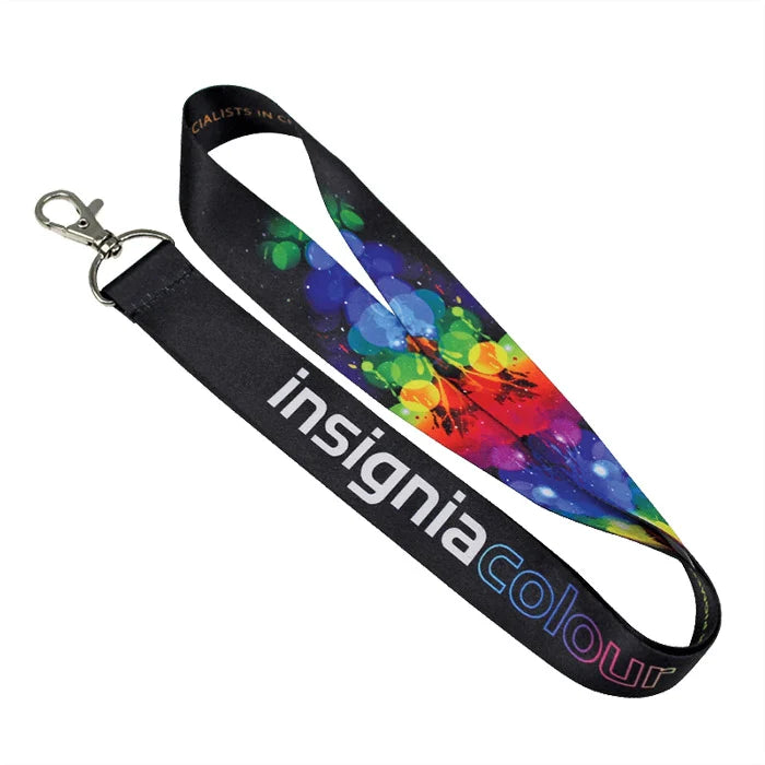 Full colour dye sublimated lanyard with vibrant design and metal lobster clip attachment
