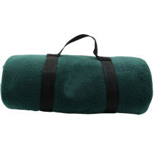 Green fleece blanket rolled up with black straps and a carry handle, ideal for picnics, travel, and outdoor use