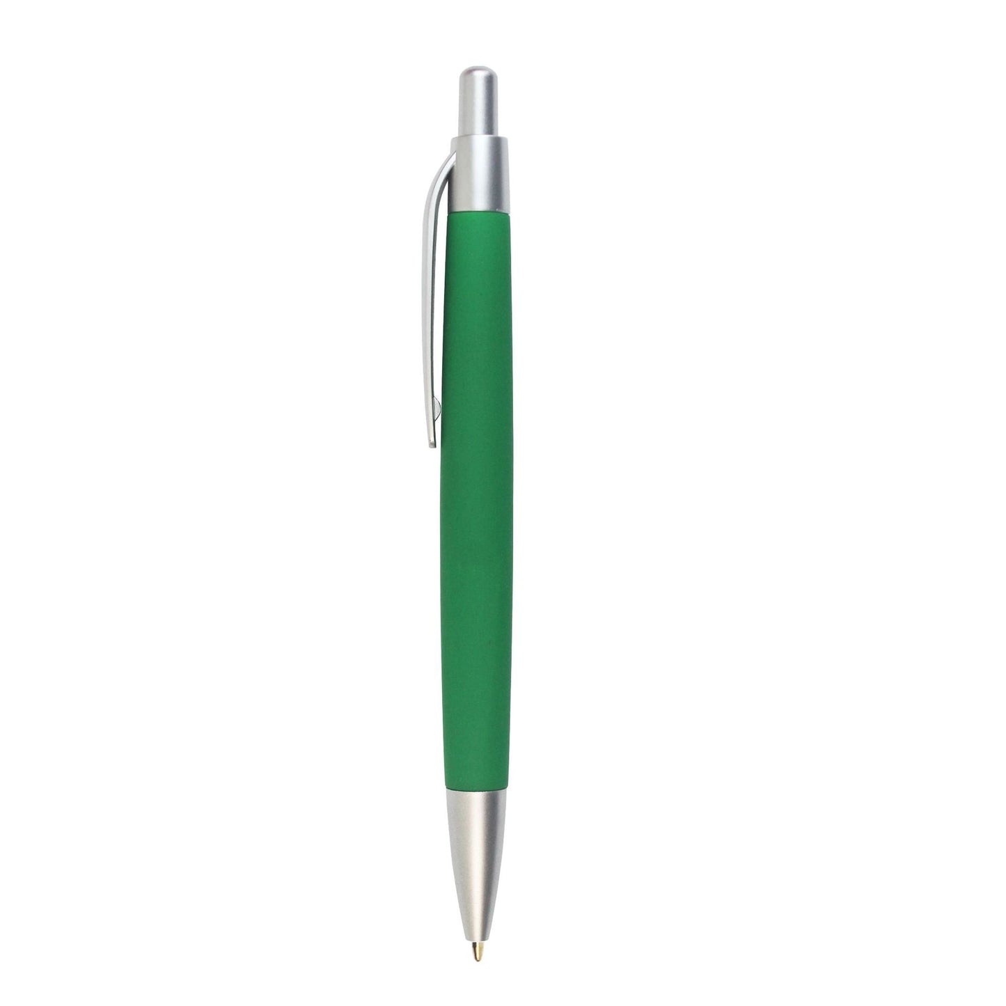Green promotional click-action plastic ballpoint pen with silver clip and tip, shown without any branding or logo.