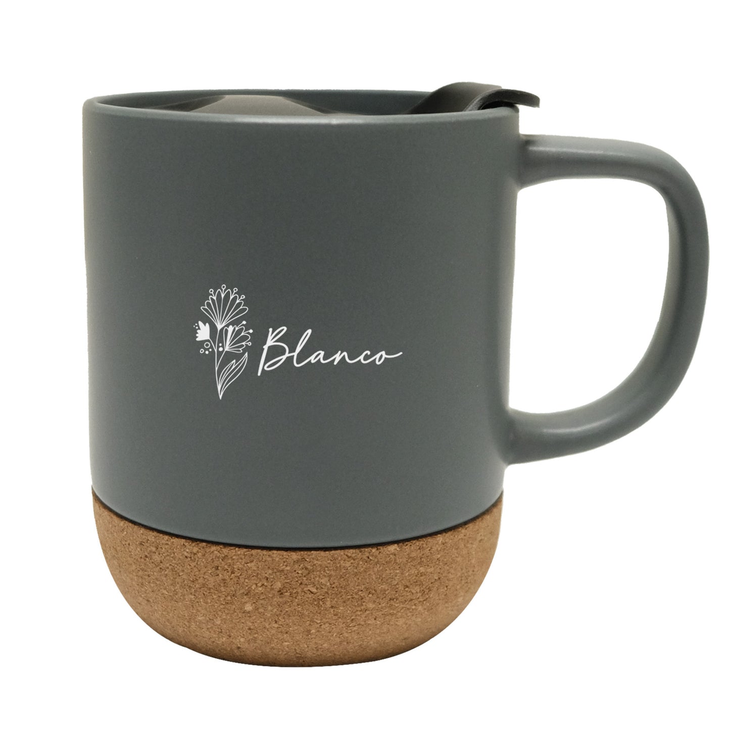 Grey ceramic mug with cork base and lid, featuring Blanco logo, perfect for eco-friendly coffee mugs and promotional drinkware