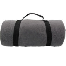 Grey fleece travel blanket rolled and secured with black straps and a carry handle, ideal for travel or outdoor use