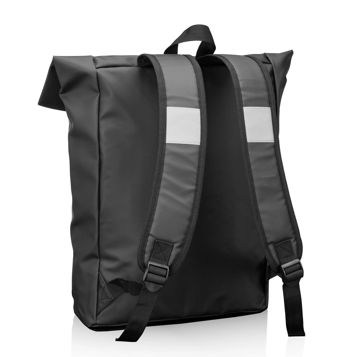 Hazen backpack 15.625"W x 16.75"H x 4.5"D in black, back view showing padded adjustable straps with reflective strips and roll-top design