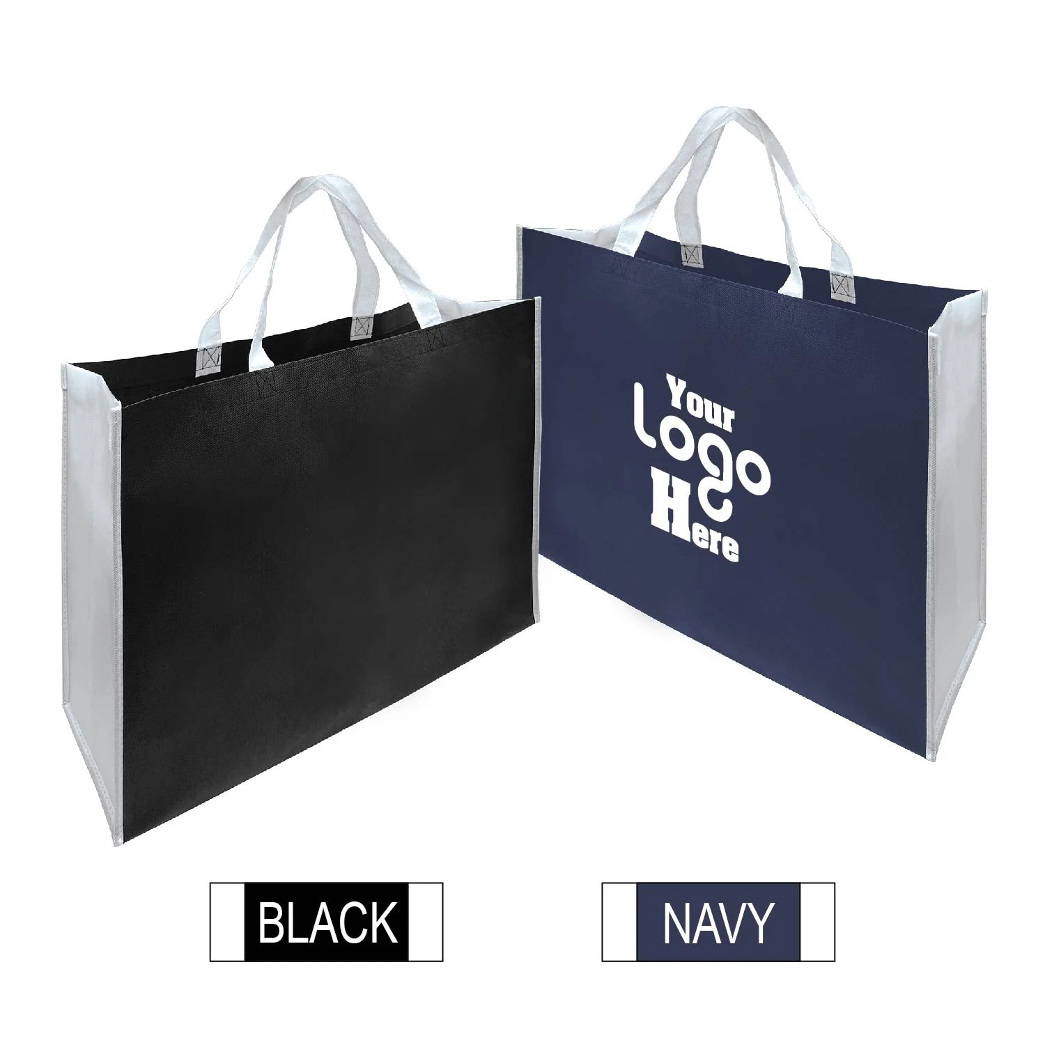 Heavy duty two-tone non-woven shopping bags 20"W x 8"D x 16"H, black and navy options with white handles, extra-large reusable tote bags for groceries or retail