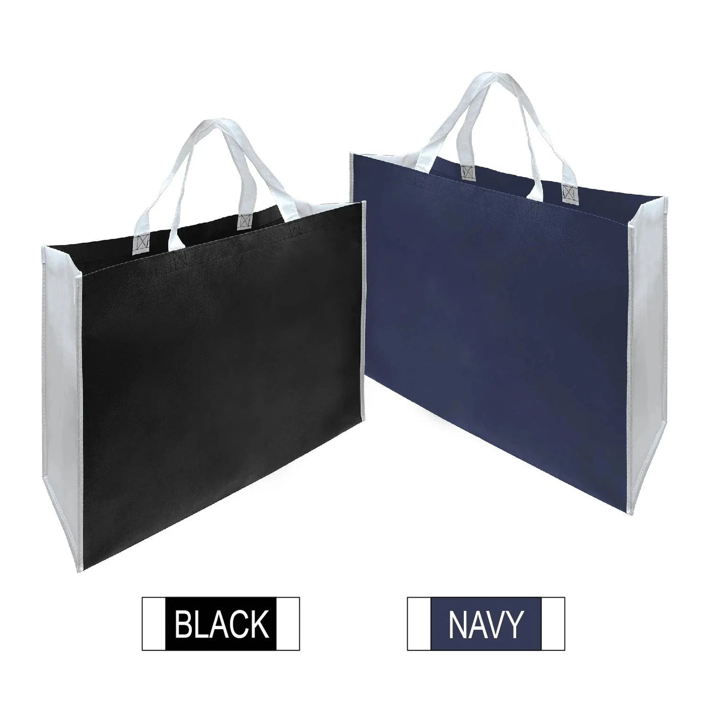 Heavy duty two-tone non-woven shopping bags 20"W x 8"D x 16"H, black and navy options with white handles, extra-large reusable tote bags for groceries or retail
