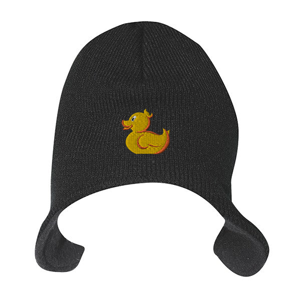 Helmet beanie with fleece insulation in black, featuring an embroidered yellow duck logo on the front.