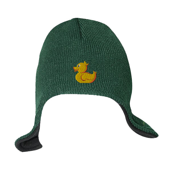 Helmet beanie with fleece insulation in green, featuring an embroidered yellow duck logo on the front.