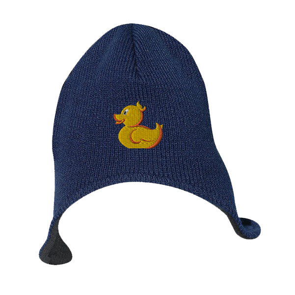 Helmet beanie with fleece insulation in navy blue, featuring an embroidered yellow duck logo on the front.