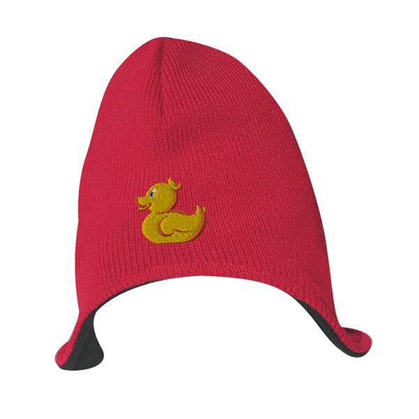Helmet beanie with fleece insulation in red, featuring an embroidered yellow duck logo on the front.