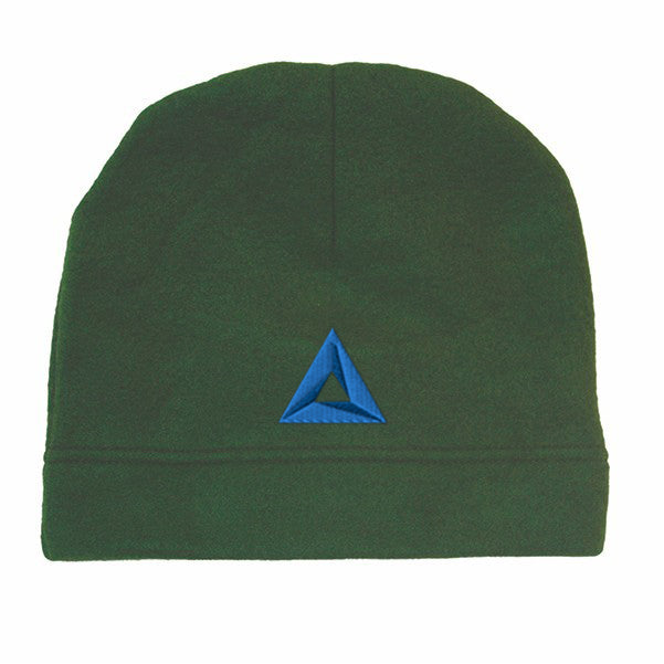 Dark green hemmed polar fleece beanie with embroidered blue triangle logo on the front