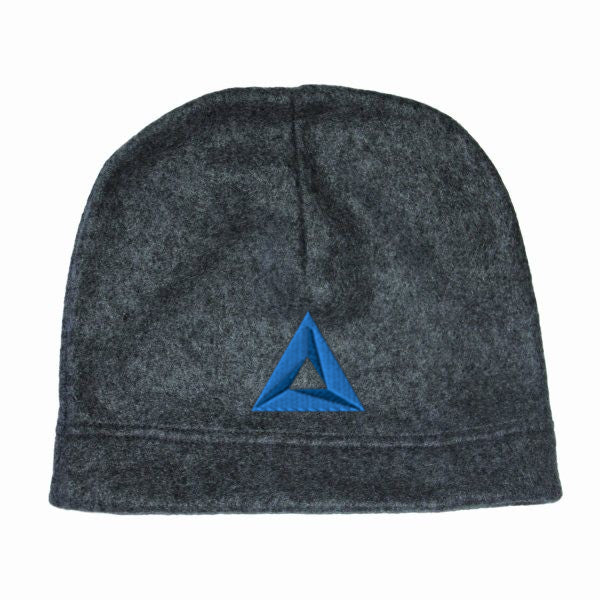 Heather gray hemmed polar fleece beanie with embroidered blue triangle logo on the front