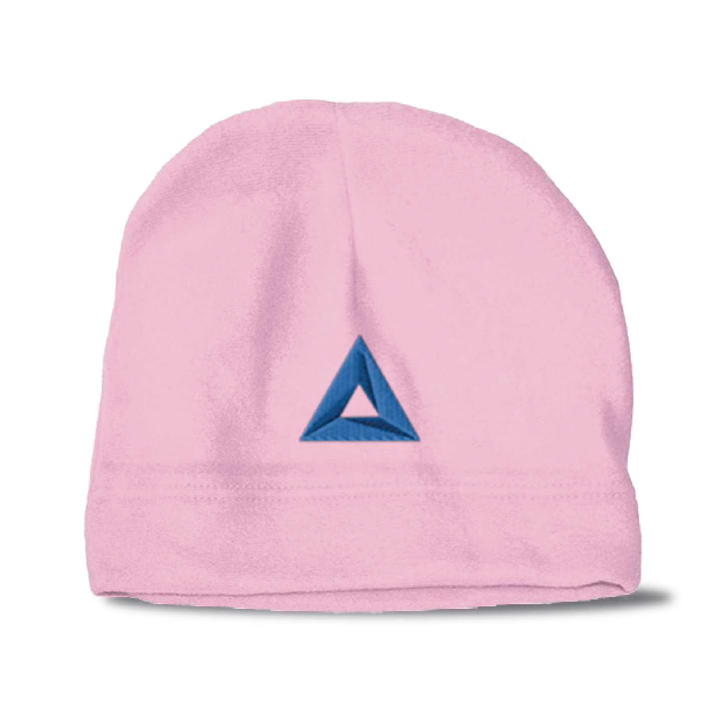 Pink hemmed polar fleece beanie with embroidered blue triangle logo on the front, transparent background