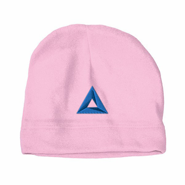Pink hemmed polar fleece beanie with embroidered blue triangle logo on the front