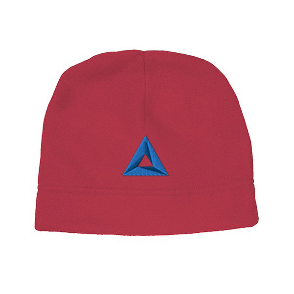 Red hemmed polar fleece beanie with embroidered blue triangle logo on the front