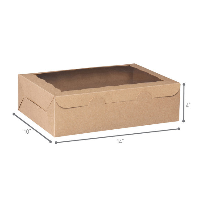 Kraft window bakery box with clear top window, eco-friendly design, 14 inches wide, 10 inches deep, 4 inches high, ideal for cakes, pastries, and baked goods