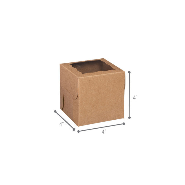 Small kraft window bakery box with clear top window, eco-friendly design, 4 inches by 4 inches by 4 inches, perfect for cupcakes and small treats