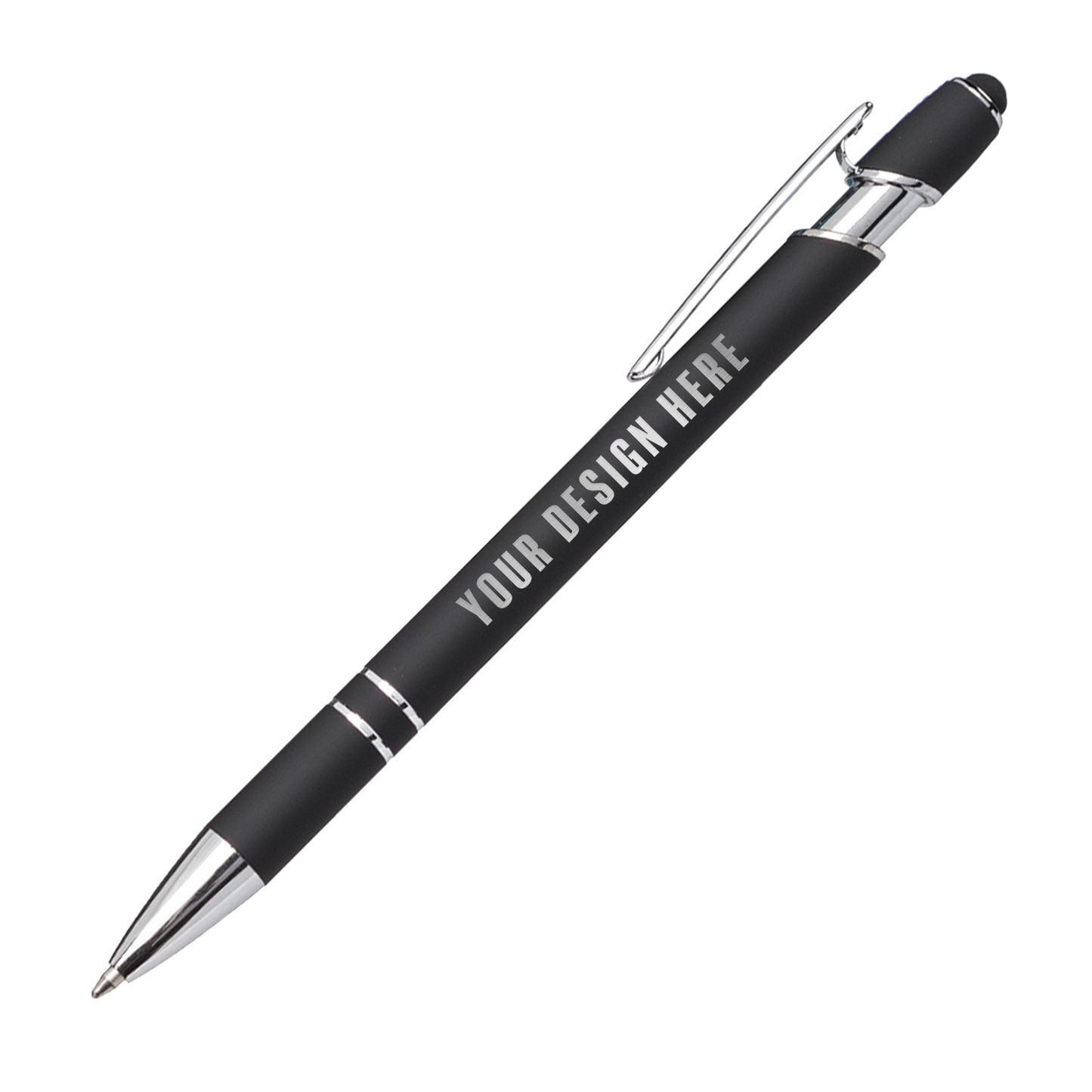 Black Kurt soft touch metal pen with chrome accents, stylus tip, and customizable imprint area labeled “Your Design Here”.